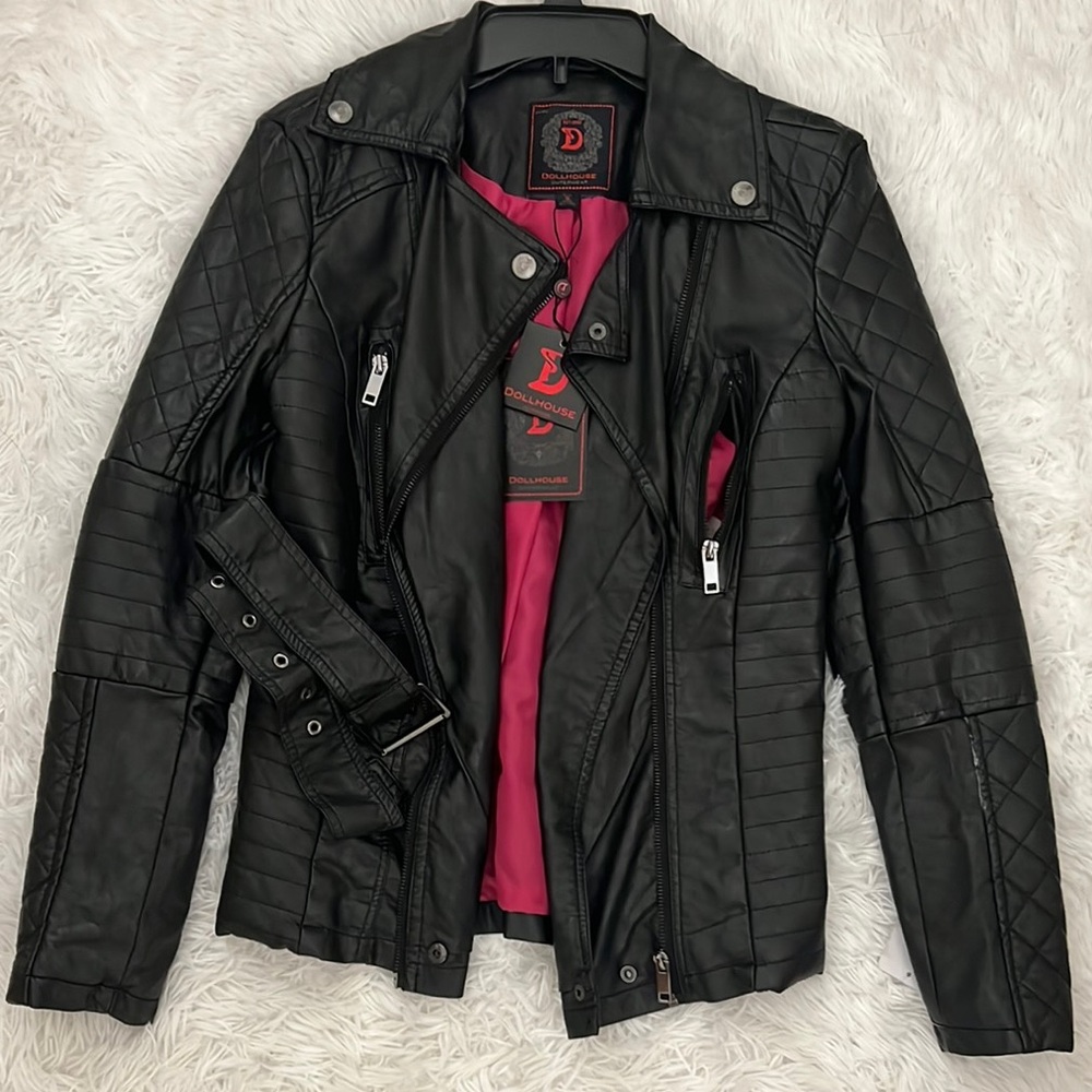 Dollhouse Black and Pink Leather Jacket Asymmetrical Zipper Fitted with Belt